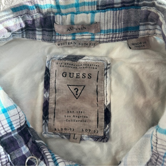 Guess Men's Size Men's Large Plaid Shirt Gauzy Cotton Western Fit Snap Buttons - Picture 5 of 10
